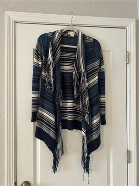 Altar’d State Stripped Navy Fringe Open-Front Sweater Cardigan